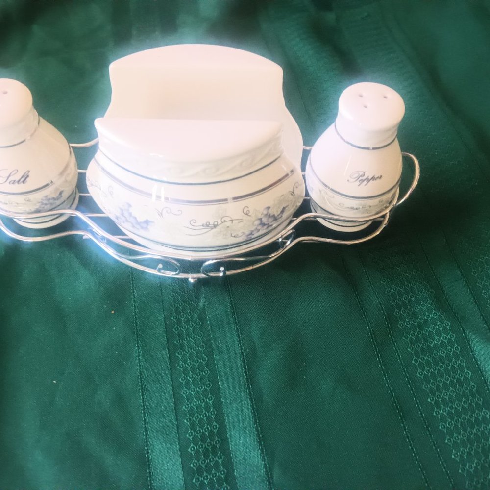 D'LUSSO SALT, PEPPER SHAKERRS SET & NAPKIN HOLDER  PORCELAIN